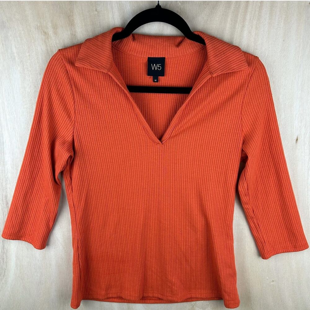 Anthropologie W5 Orange Ribbed Y2K Style Collared Crop Top (M)